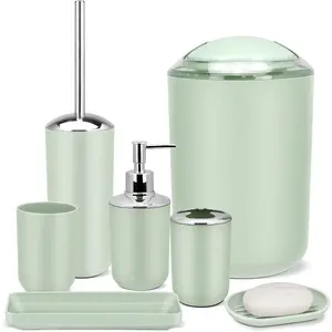 Bathroom accessory set, green bathroom set, 7-piece bathroom accessory set, including tray, toilet brush, and trash can, suitable for bathroom decoration and housewarming gifts: Home & Kitchen