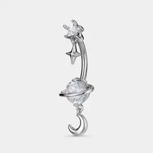 Oufer Star & Moon Dangle CZ Belly Button Ring