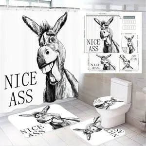 1/4pcsHumorous Donkey 'NICE ASS' Bathroom Shower Curtain Set - 4 Piece (Curtain, Bath Mat, Toilet Seat Cover, Decor Card) - Black & White Cartoon Art, Bold Text, Modern Clean Bathroom Decor - Ideal for Funny Gift or Home Accent