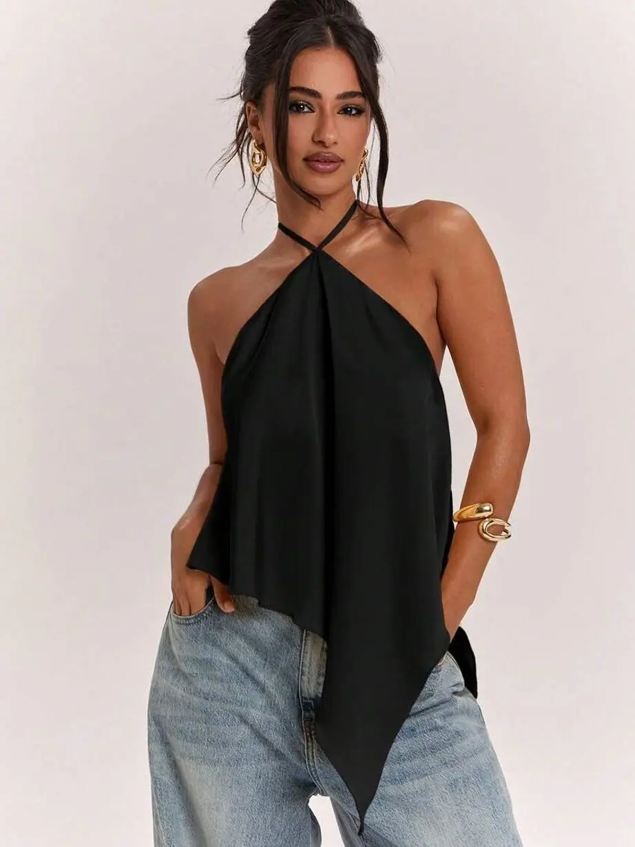 Yellow Satin Tank Top, Backless Halter Neck Sleeveless Camisole, Elegant Casual Summer Vacation Beach Top