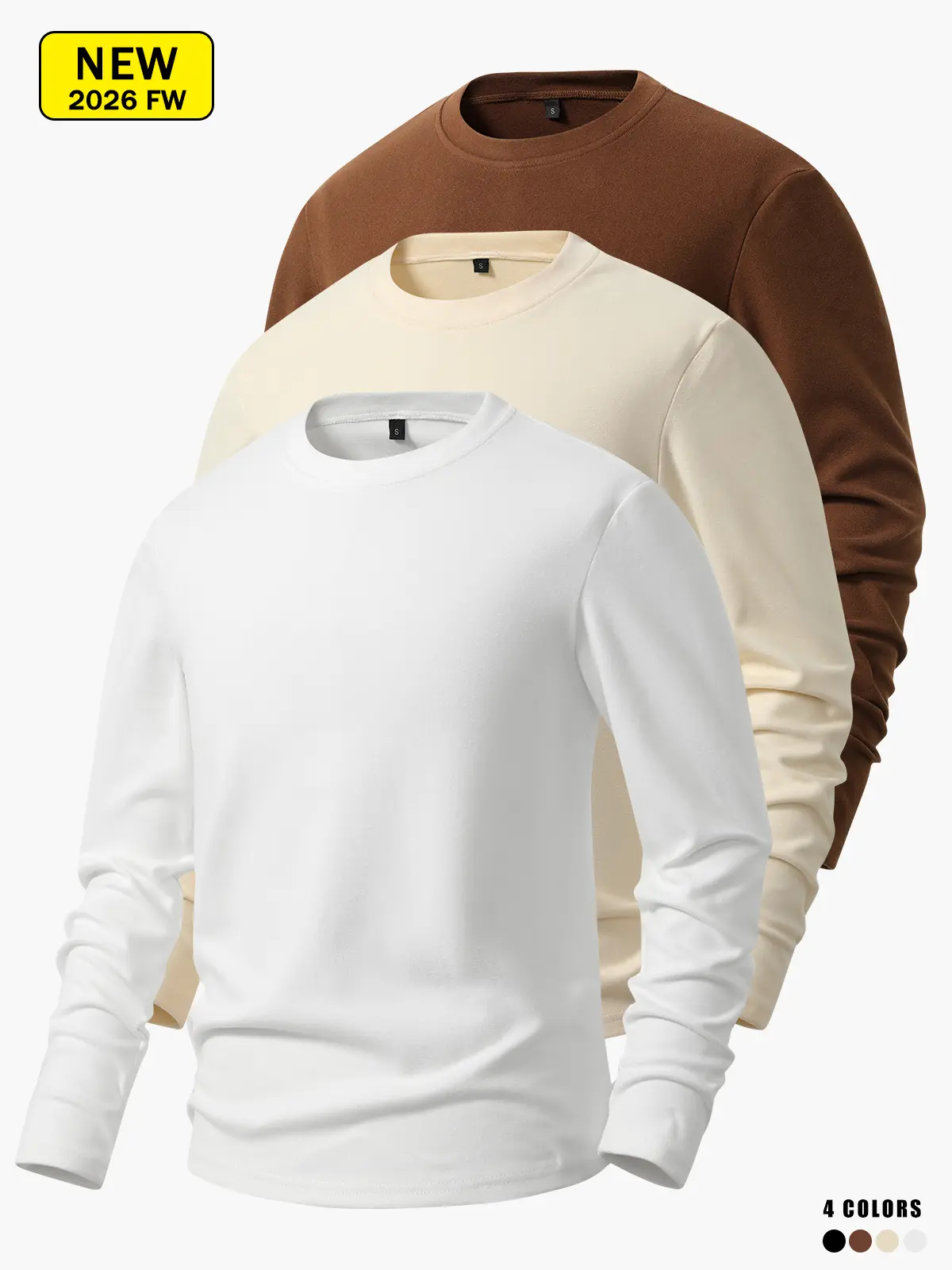 Men’s crewneck terry sweatshirt, soft base layer, solid color casual inner top, close-fitting warm long-sleeve shirt
