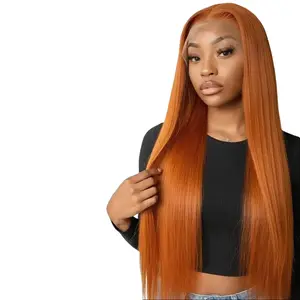 Ginger Human Hair Wig Bone Straight Ginger Orange Lace Front Wig Human Hair Transparent Lace#350 Colored Wig With Baby Hair