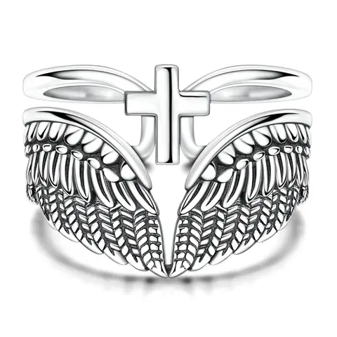 MULA 925 Silver-plated Guardian Angel Wings Cross Ring – Vintage Anodized Double-Ring Adjustable Opening Ring, a religious commemorative and consolation jewelry gift, the perfect present for girls and women.