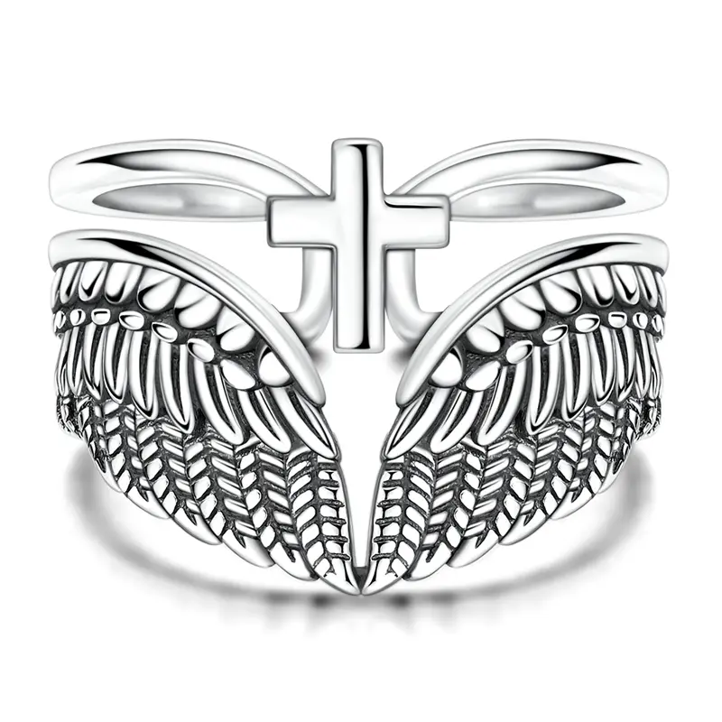 MULA 925 Silver-plated Guardian Angel Wings Cross Ring – Vintage Anodized Double-Ring Adjustable Opening Ring, a religious commemorative and consolation jewelry gift, the perfect present for girls and women.