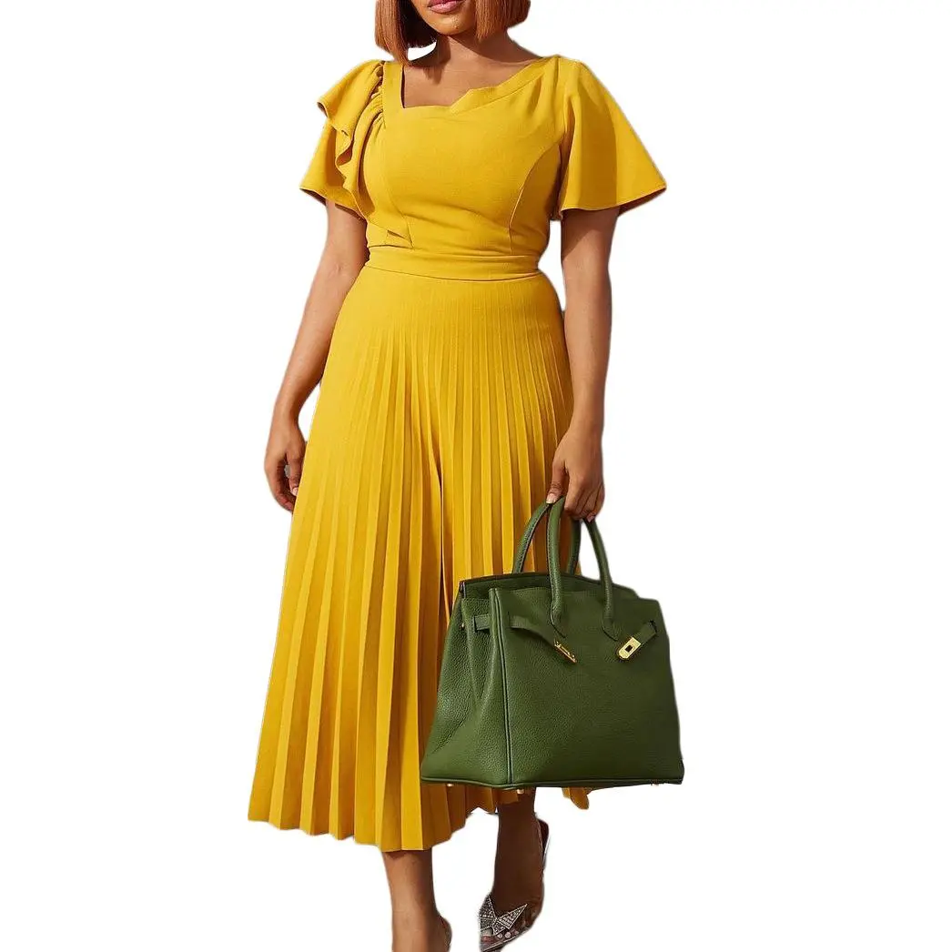 Women's Plus Size Mustard Yellow Midi Dress - Round Neck, Ruffle Short Sleeves, Pleated A-Line, Basic Chic Lady Formal Wear for Church, Party - TikTok Shop Women's Plus Size Mustard Yellow Midi Dress - Round Neck, Ruffle Short Sleeves, Pleated A-Line, Basic Chic Lady Formal Wear for Church, Party - TikTok Shop