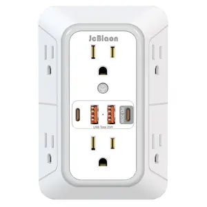 10-In-1 Multi Plug Outlet Surge Protector，6-Outlet Surge Protector with 4 USB Ports (PD20W),Compact Design with 3-Sided Wall Plug Adapter Spaced for Home Travel Office