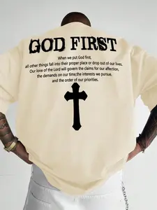 Men's Letter & Cross Print Round Neck Tee, Regular Fit Casual Short Sleeve Crew Neck T-shirt for Daily Wear, Men's Top for All Seasons, Tropical, Casual Streetwear Top