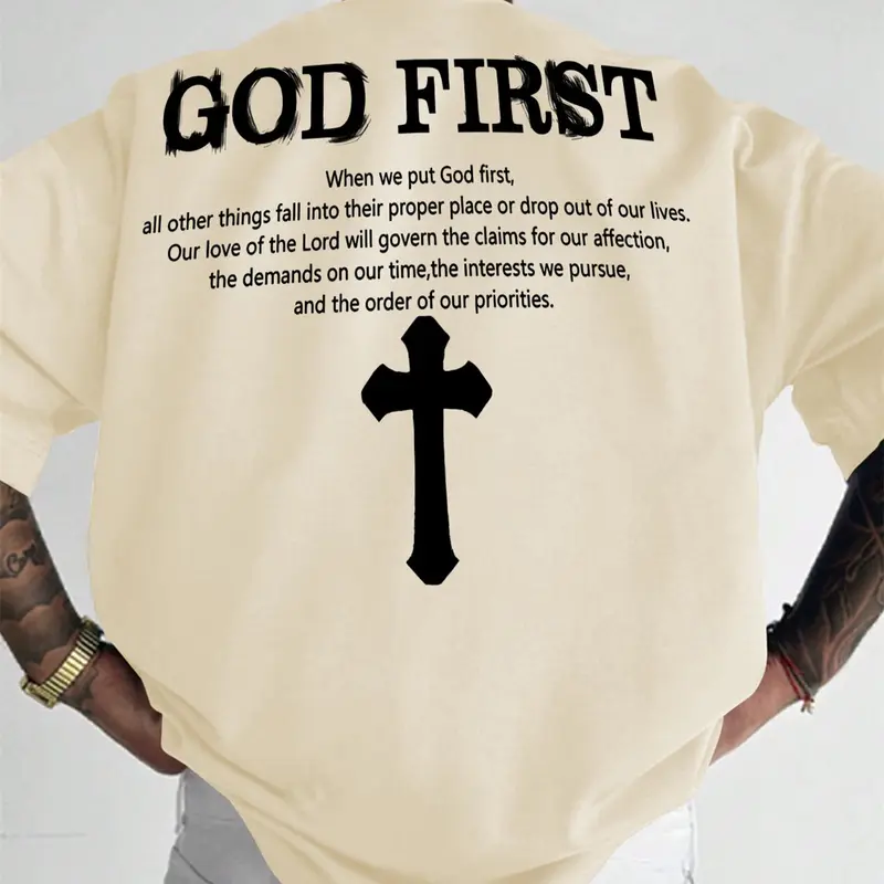 Men's Letter & Cross Print Round Neck Tee, Regular Fit Casual Short Sleeve Crew Neck T-shirt for Daily Wear, Men's Top for All Seasons, Tropical, Casual Streetwear Top
