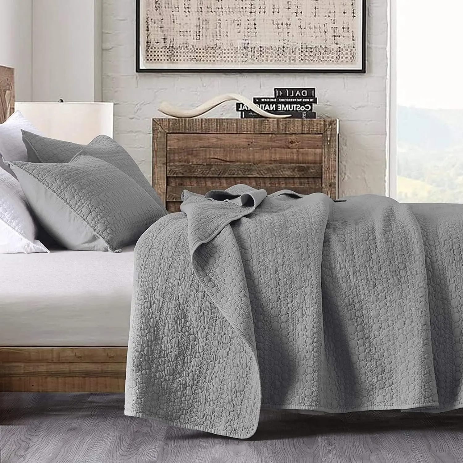 Oversized King Quilt, Grey California King Quilt Geometric Spots Stitched Pattern,-Washed Microfiber Ultra Lightweight Quilted Bedspread Cal King for, 3