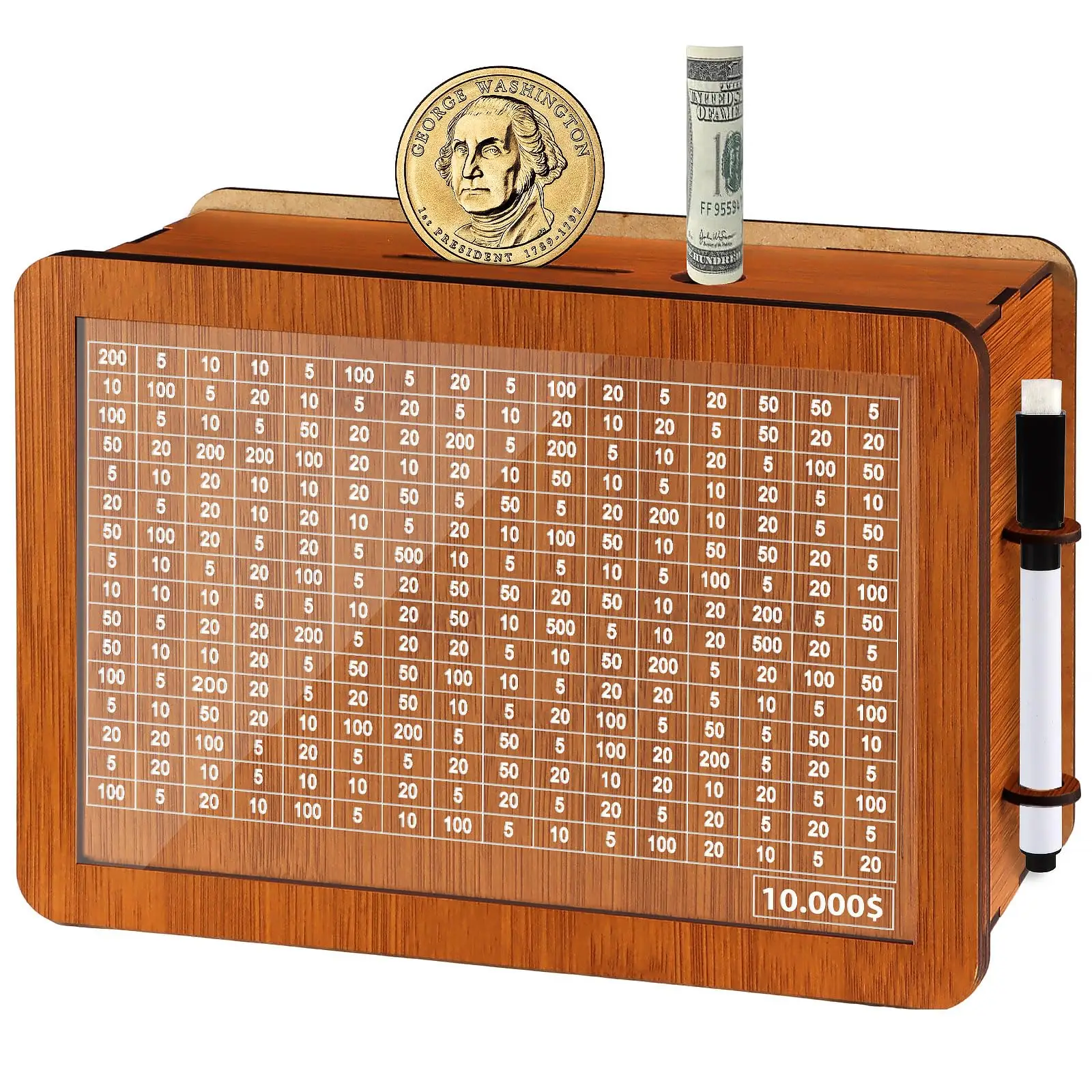 $10000 Larger Size Savings Challenge Box - Cash Vault Wooden Money Savings Box for Adults Kids - Kakeibo Money Bank - Wooden Cash Coin Piggy Bank with