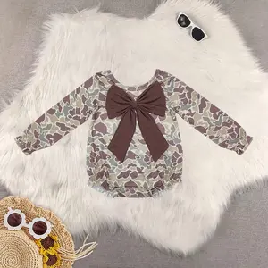 New Clothes Brown Bow Camo Baby Girls Romper Long Sleeves Comfortable Cute Outfit for Infants