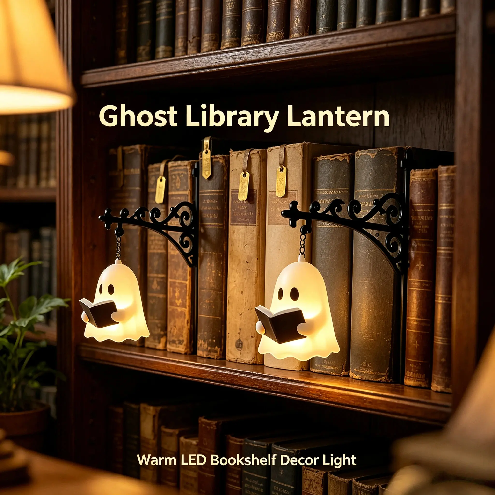 Spooky Ghost Bookshelf Lantern Light - Bookend-Style Warm LED Night Lamp, Literary Reading Nook Decor, Unique Halloween Gift for Bookworms