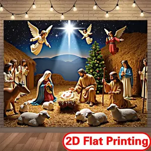 Tapestry 2D Flat Printed Polyester Backdrop Banner for Christmas Home & Outdoor Decoration with Nativity Scene and Angels
