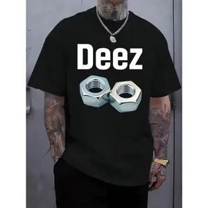 Men's Funny Deez Nuts Meme T-Shirt With Nut & Bolt Graphic - Black Cotton Short Sleeve Crewneck Tee, White Text Print, Casual Streetwear For Casual Attire, All-Season, Gift For Men (Nutcracker Joke Design)