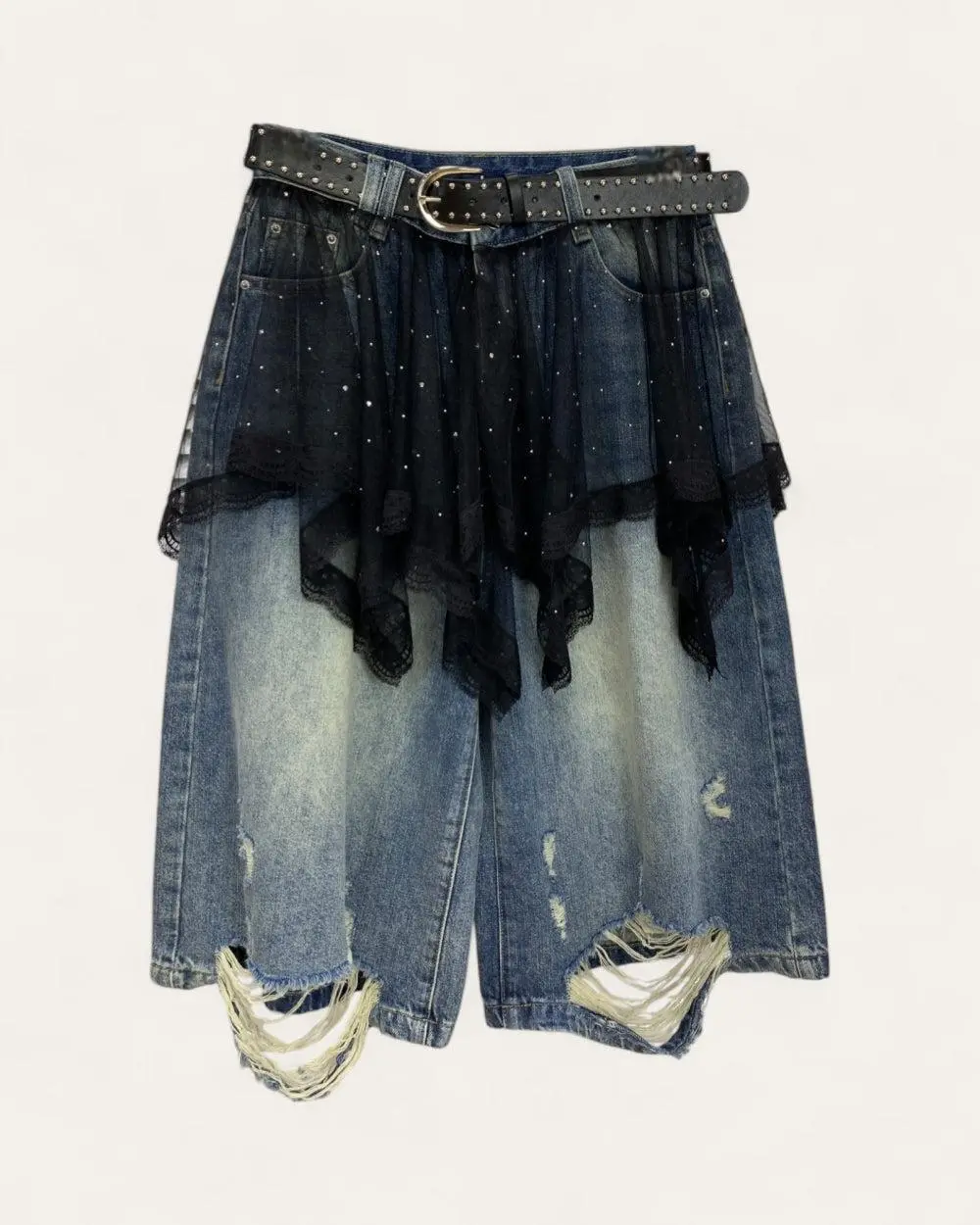 Women's High-Waist Solid Distressed Denim A-Line Knee-Length Skirt with Layered Tulle-Lace Mesh Overlay, Women's Clothes Bottoms, Ripped