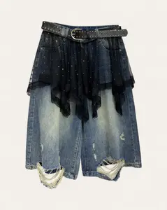 Women's High-Waist Ripped Solid Denim A-Line Knee-Length Skirt with Layered Tulle-Lace Mesh Overlay, Women's Clothes
