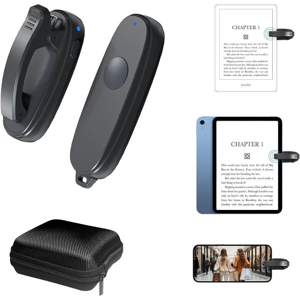 Kindle Remote Page Turner, Clip- Auto Page Clicker for Kindle & Tablets, -Button Forward Page Control, Silent Reading Remote for iPad  Android(Normal-Black)