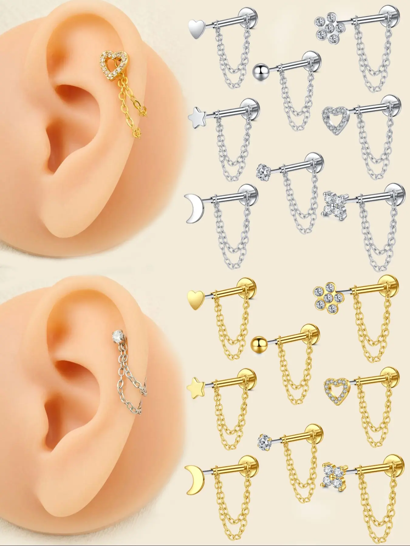 Unisex Stainless Steel Cz Heart Chain Earrings, 20g Push-Back Studs, Fashionable Jewelry Gift for Birthdays & Special Occasions, Chain Style, Trendy Fashionable Accessories, Zircon Stud Earrings, Cubic Zirconia