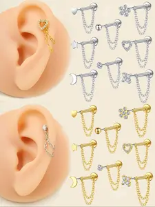 Unisex Stainless Steel Cz Heart Chain Earrings, 20g Push-Back Studs, Fashionable Jewelry Gift for Birthdays & Special Occasions, Chain Style, Trendy Fashionable Accessories, Zircon Stud Earrings, Cubic Zirconia