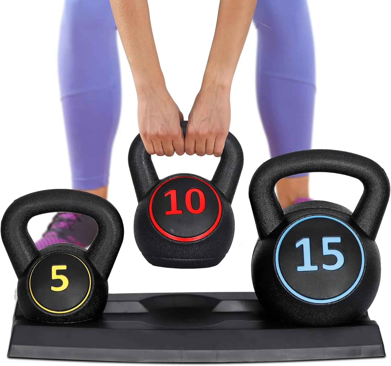 F2C 3-Piece Kettlebell Set with Storage Rack 5Lb, 10Lb, 15Lb Weights HDPE Coate