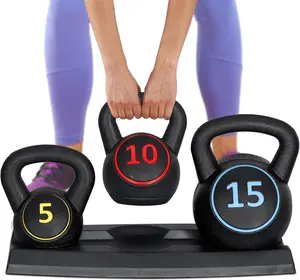 F2C 3-Piece Kettlebell Set with Storage Rack 5Lb, 10Lb, 15Lb Weights HDPE Coate