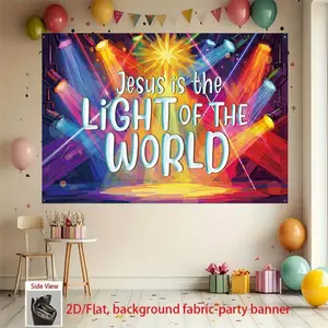 Background fabric of 'Jesus is the Light of the World', colored stage spotlight, religious themed photography background, made of polyester material, suitable for photo booths, parties, birthdays, celebrations, and indoor and outdoor home wall decoration