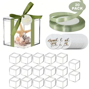 20 Sets Wedding Favors Gift Boxes with Lids, 4.5cm Clear Acrylic Square Cube Gift Boxes With Thanks Tags And Ribbon, Mini Acrylic Containers Display Box For Wedding Bridal Shower Babyshower Birthday Party Souvenir Valentine's Day, Themed Gift Box