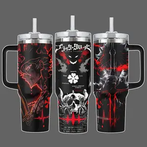 Black Clover Asta Demon Anti Magic Skull Clover Stainless Steel Insulated Travel Tumbler With Handle & Straw Lid 20oz 40oz Full Wrap Dark Anime Design