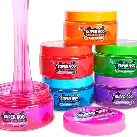 Tub Works Super Goo Bath Slime for Unisex Toddlers (Ages 3+), 6-Pack Scented (Strawberry Vanilla, Tangerine, Cherry) - Non-Toxic, BPA-Free, Moisturizing Mess-Free Lather Soap, Thick & Squishy Fidgets, Sensory Development Toys in Colorful Jars