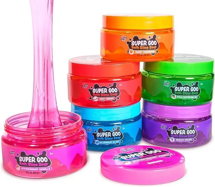 Tub Works Super Goo Bath Slime for Kids - 6-Pack Stretchy Squishy Fruity Scented Non-Toxic Paraben-Free Sensory Soap for Toddlers Ages 3+ - Mess-Free Moisturizing Lather in Colorful Jars