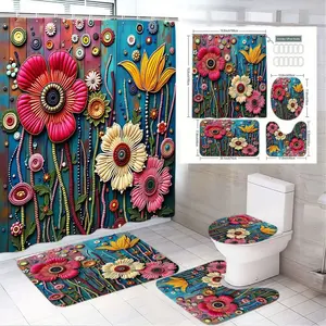 4pcs Whimsical Boho Floral Shower Curtain Set with Rustic Wood Background, Complete with Matching Toilet Lid Cover and Luxurious Bath Mats for a Vibrant Spring Retreat in Your Bathroom