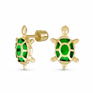 Nautical Jewelry Tiny CZ Green Turtle 14K Gold Stud Earrings Secure Screw-back