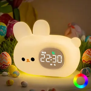Rabbit Alarm Clock Night Light for Kids 7 Color SiliconeTouch Lamp with Dual Alarms 5 Ringtones SnoozeRechargeable Bedside Clock for Bedroom Perfect Birthday& Holiday Gift