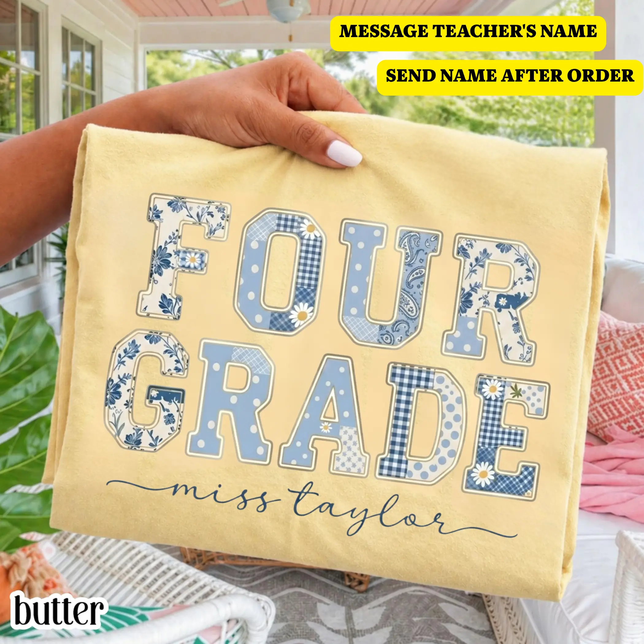 Comfort Colors Four Grade Teacher Shirt, 4th Grade Matching Group Tshirt, Custom Teacher Name Graphic Tee, Floral Blue Back to School Teacher Team Tee, Teacher Gift Ideas - By Thanya LLC