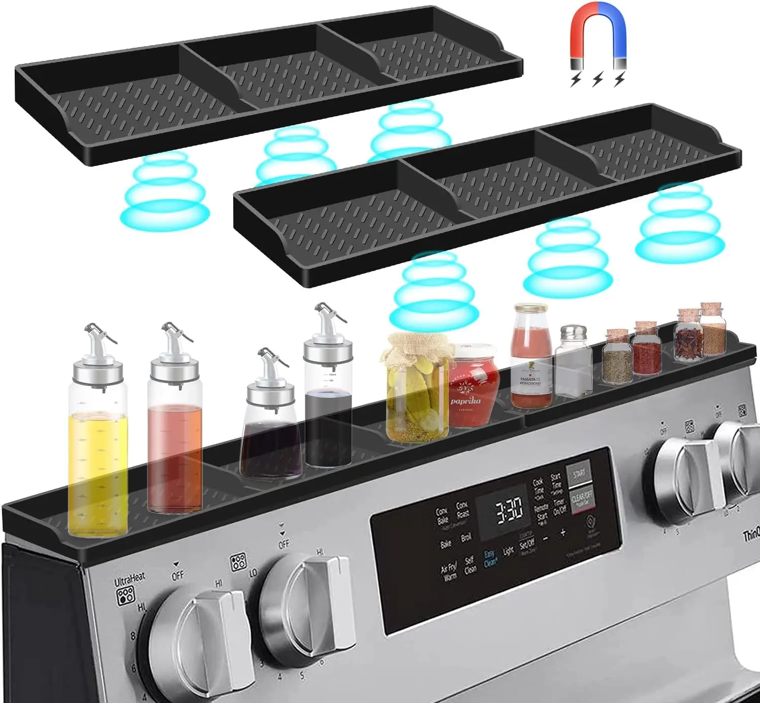 Magnetic Silicone Stove Top Spice Rack Organizer, 30-Inch Over Stove Shelf, Strong Magnetic Kitchen Storage Rack for Spices, Seasonings, Oils and Condiments, Space-Saving Stovetop Organizer, Non-Slip Heat-Resistant Shelf, Black