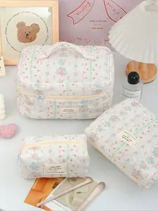 Flower Design Makeup Bag, Quilted Leopard Pattern, Large Opening, Travel & Toiletry Organizer, Multi-Functional Cosmetic Case, Makeup Storage Bag, Travel Cosmetic Bags, Makeup Organizer Pouch