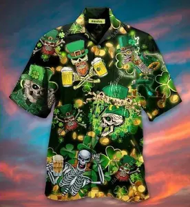 Men’s St Patrick’s Day Hawaiian Shirt, Irish Skull Leprechaun Beer Shamrock Button Down Party Shirt