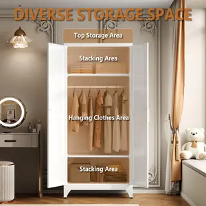 71" Modern Metal Clothing Armoire - Hanging Rod + Adjustable Shelves - Black Wardrobe with Large White Glass Door for Bedroom, Laundry Room organizer