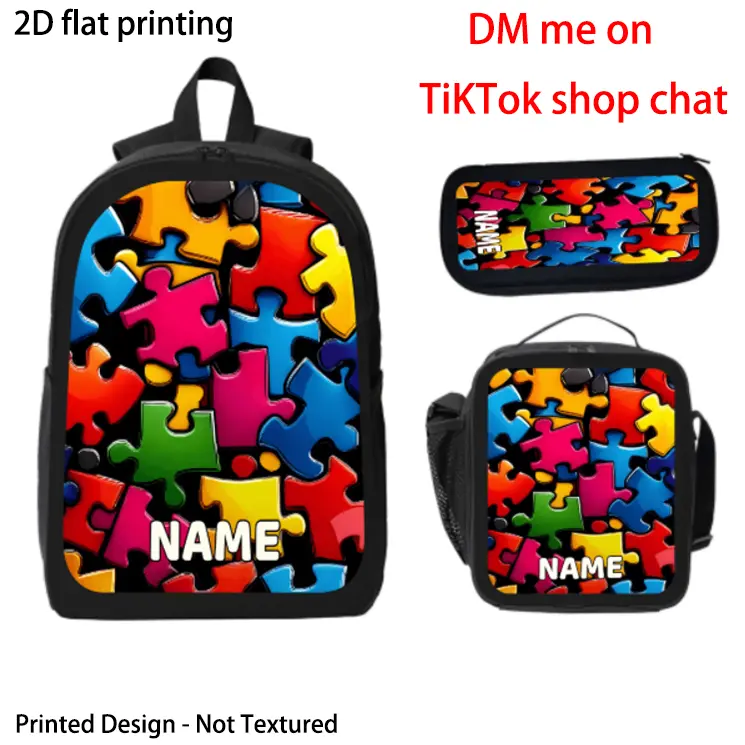 3pcs Personalized Puzzle Print Name Customization Set, Unisex Large Capacity Backpack Combo. The 3pcs Set Includes a Backpack, Pencil Case, and Lunch Bag, Suitable for Daily Use, School Gifts, and Essential for Camping, Traveling, and Outings