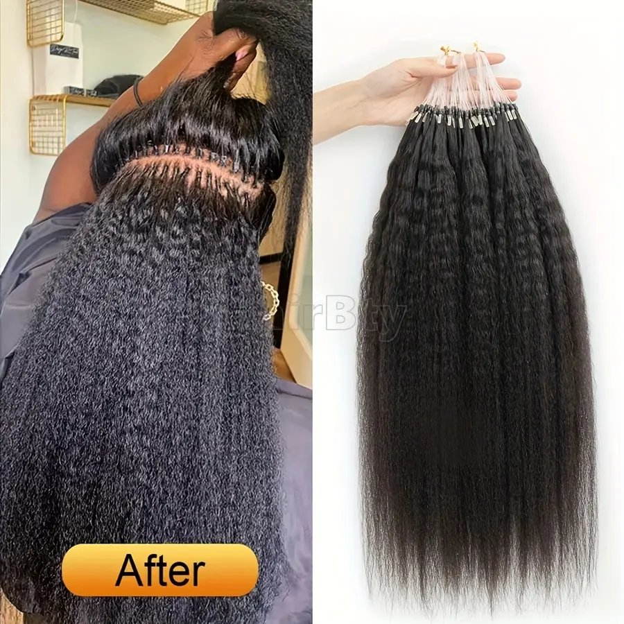 New Fashion Wholesale Kinky Straight Micro Loop Ring Human Hair Extensions 12-24 Inches Natural Black Yaki Straight Microlinks - Secure Loop Link Tips for, Seamless Blending & Damage-Hair Extensions, Easy Application, Voluminous Look, Smooth Textur