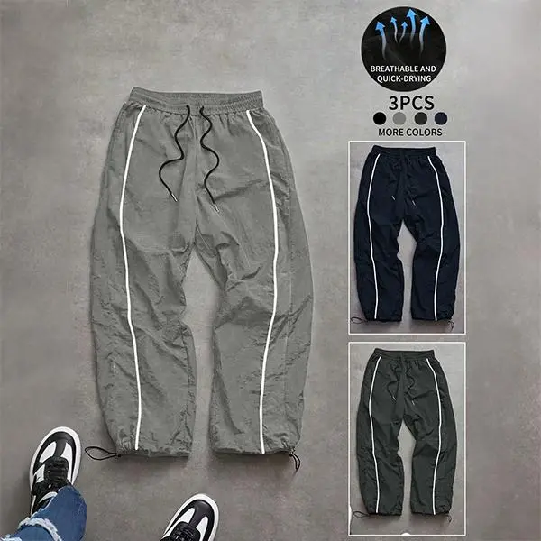 3-pack men’s striped jogger pants, lightweight and breathable athletic joggers with a drawstring waist, side reflective stripes, suitable for outdoor sports, everyday casual wear, and streetwear, available in multiple colors