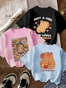 Three-piece set: just a girl who loves capybara. Letters and capybara print. Stylish, versatile and casual T-shirts. Three-piece set T-shirts. Girls' clothes