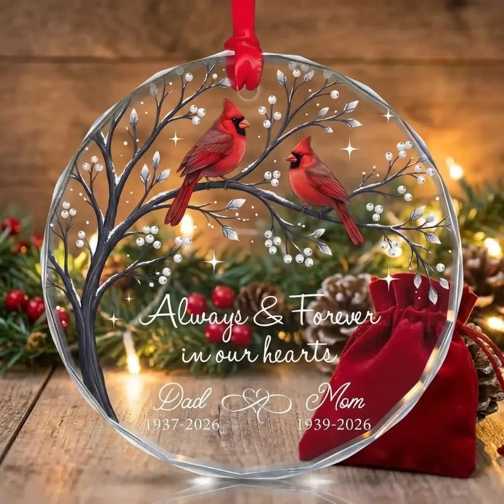 Personalized Memorial Christmas Ornament for Loss of Parents | Custom Crystal Circle Clear Bauble with Red Cardinals | Memorial Gift for Loss of Mom and Dad | Remembrance Christmas Tree Decor, Bereavement Sympathy Gift, Always in Our Hearts KeepSake