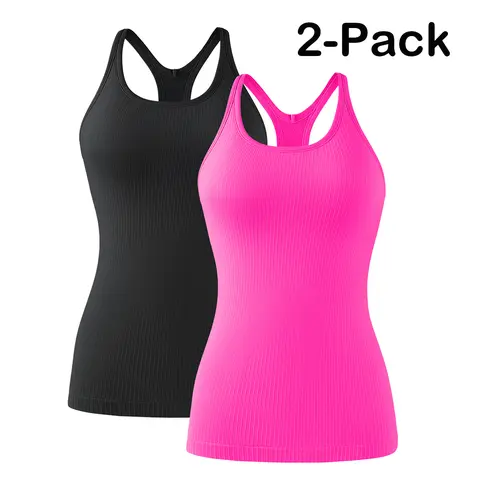 ATTRACO Women's Two-Piece Ribbed Sports Tank Top Set with Built-in Bra Fitted Racerback Design Round Neck for Sports Activities  Ribflex Seamless Workout Tank Tops