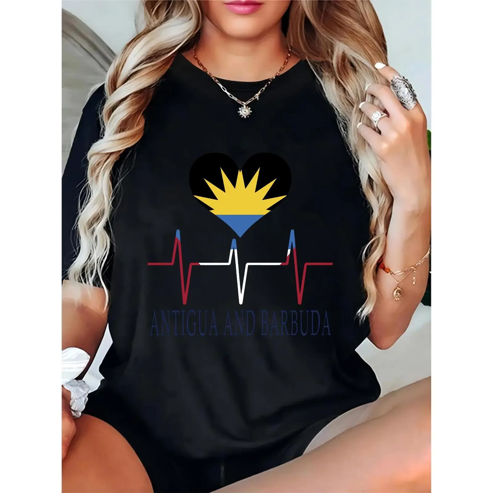 Women’s Black T-Shirt with Antigua & Barbuda Flag Heart, Heartbeat Line & Text, Ideal for National Pride, Festivals & Casual Wear