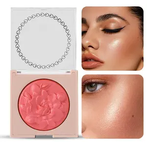 Rose-colored blush with shimmering pearl particles, highlighting and contouring powder for a natural, sculpted face – European and American style makeup.