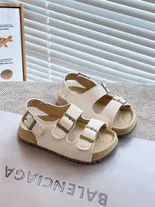 Navy Leopard Print Open-Toe Buckle Sandals, Adjustable Metal Buckles, Anti-Slip Soft Sole, Summer Footwear for Girls