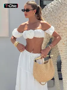 Two-piece Set Women's Solid Color Flower Decor Crop Top &  Skirt, Strapless, Elegant Fashion Casual Outfits for Daily Outdoor Wear, Women Clothes for Summer, Suits
