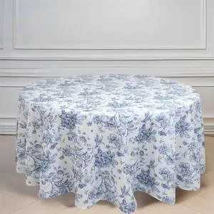 Polyester Round Tablecloth 120" White with Blue French Toile Pattern - Sophisticated Table Cover for Chic Weddings & Events