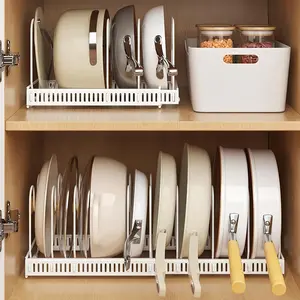Adjustable Pot Organizer Rack with 7 Removable Dividers, Kitchen Cabinet Storage Solution, Versatile Cooking Utensil Holder